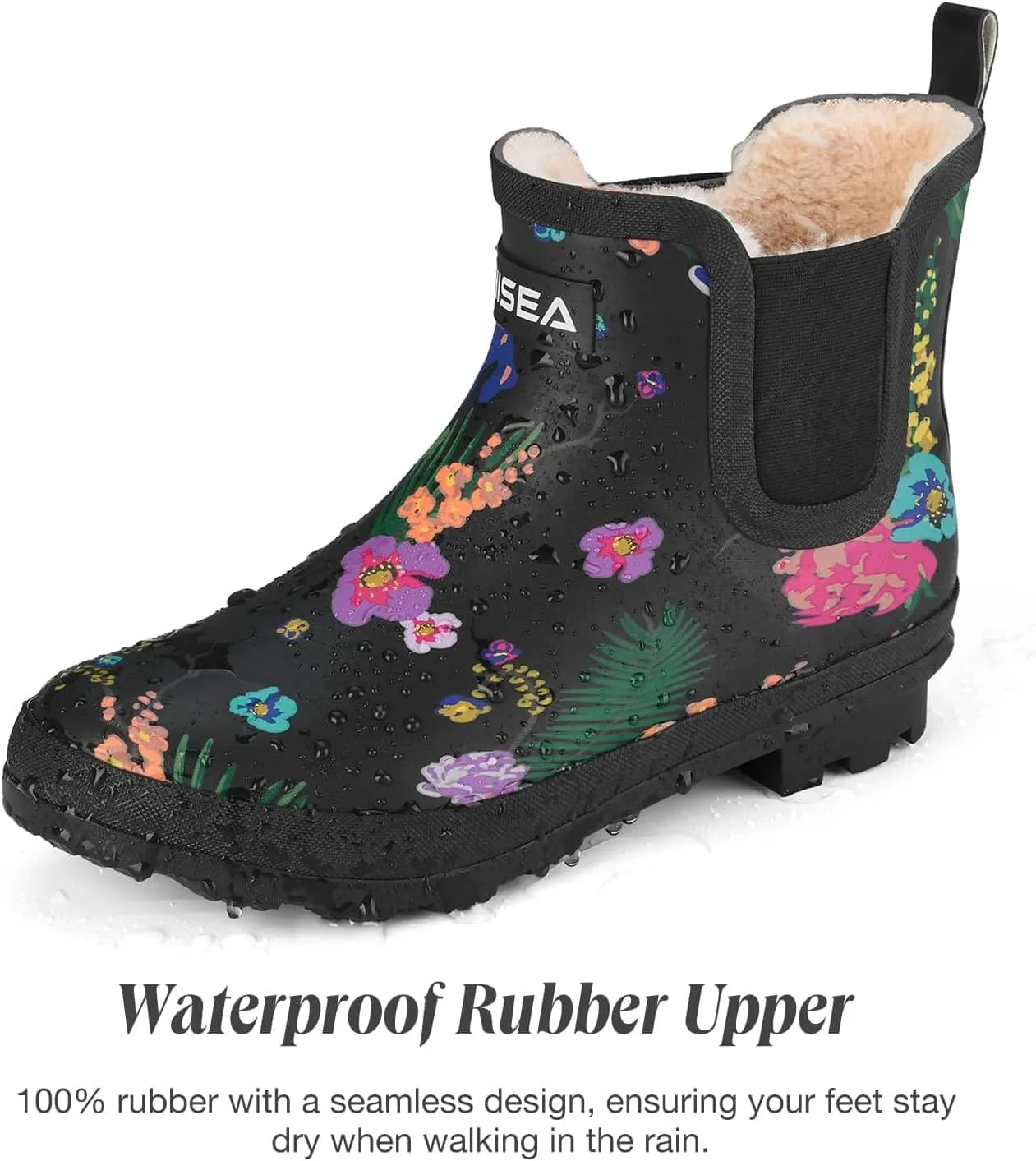 HISEA Women's Plush Rain Boots Waterproof, Chelsea Rubber Booties Women, Ladies Ankle Boots for Winter Spring Garden Outdoor