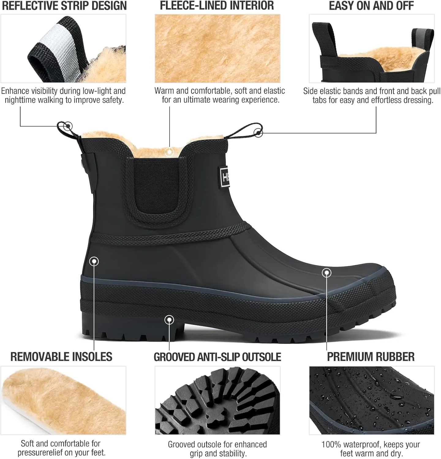 HISEA Women's Saltwater Winter Rain Boots Waterproof Duck Chelsea Lined Outdoor Garden Boot