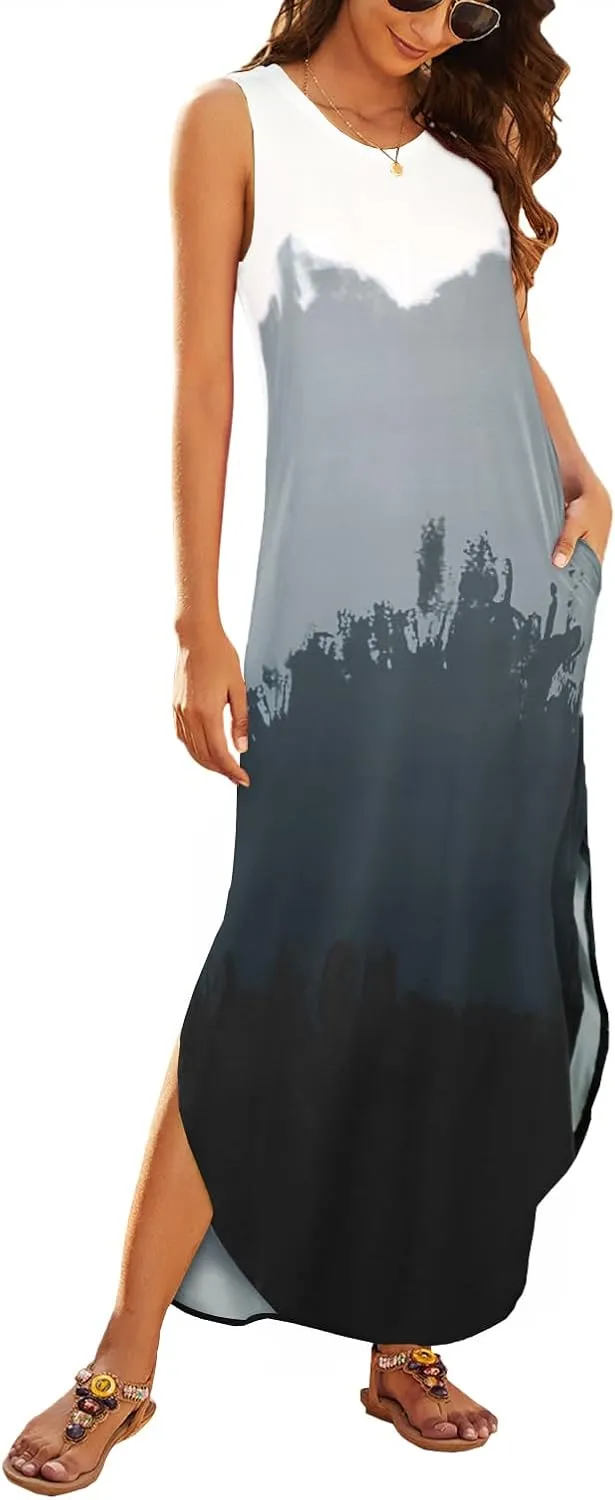 Hount Women's Casual Summer Sleeveless Dress Loose Split Maxi Dresses with Pockets