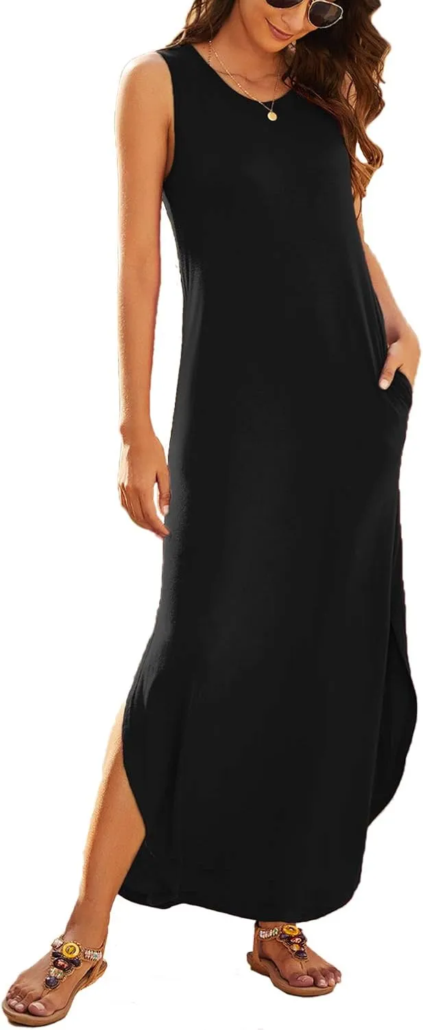 Hount Women's Casual Summer Sleeveless Dress Loose Split Maxi Dresses with Pockets