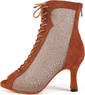 HROYL Women Peep Toe Mesh Lace up Ankle Boots Rhinestone Latin Ballroom Salsa Dancing Heels Boots,DS-7180