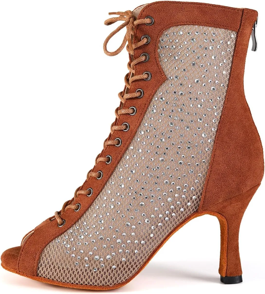 HROYL Women Peep Toe Mesh Lace up Ankle Boots Rhinestone Latin Ballroom Salsa Dancing Heels Boots,DS-7180