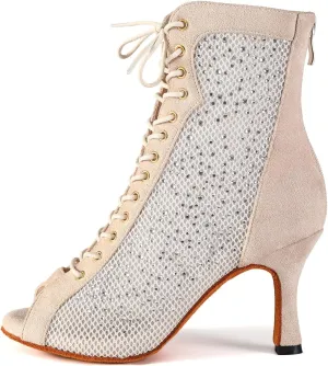HROYL Women Peep Toe Mesh Lace up Ankle Boots Rhinestone Latin Ballroom Salsa Dancing Heels Boots,DS-7180