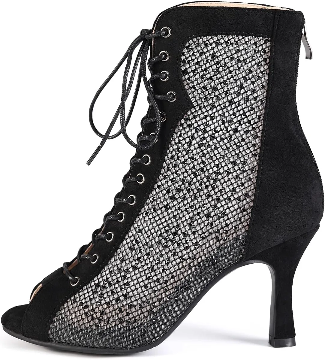 HROYL Women Peep Toe Mesh Lace up Ankle Boots Rhinestone Latin Ballroom Salsa Dancing Heels Boots,DS-7180