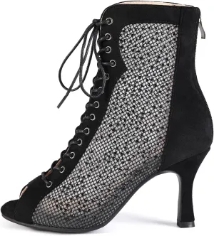HROYL Women Peep Toe Mesh Lace up Ankle Boots Rhinestone Latin Ballroom Salsa Dancing Heels Boots,DS-7180