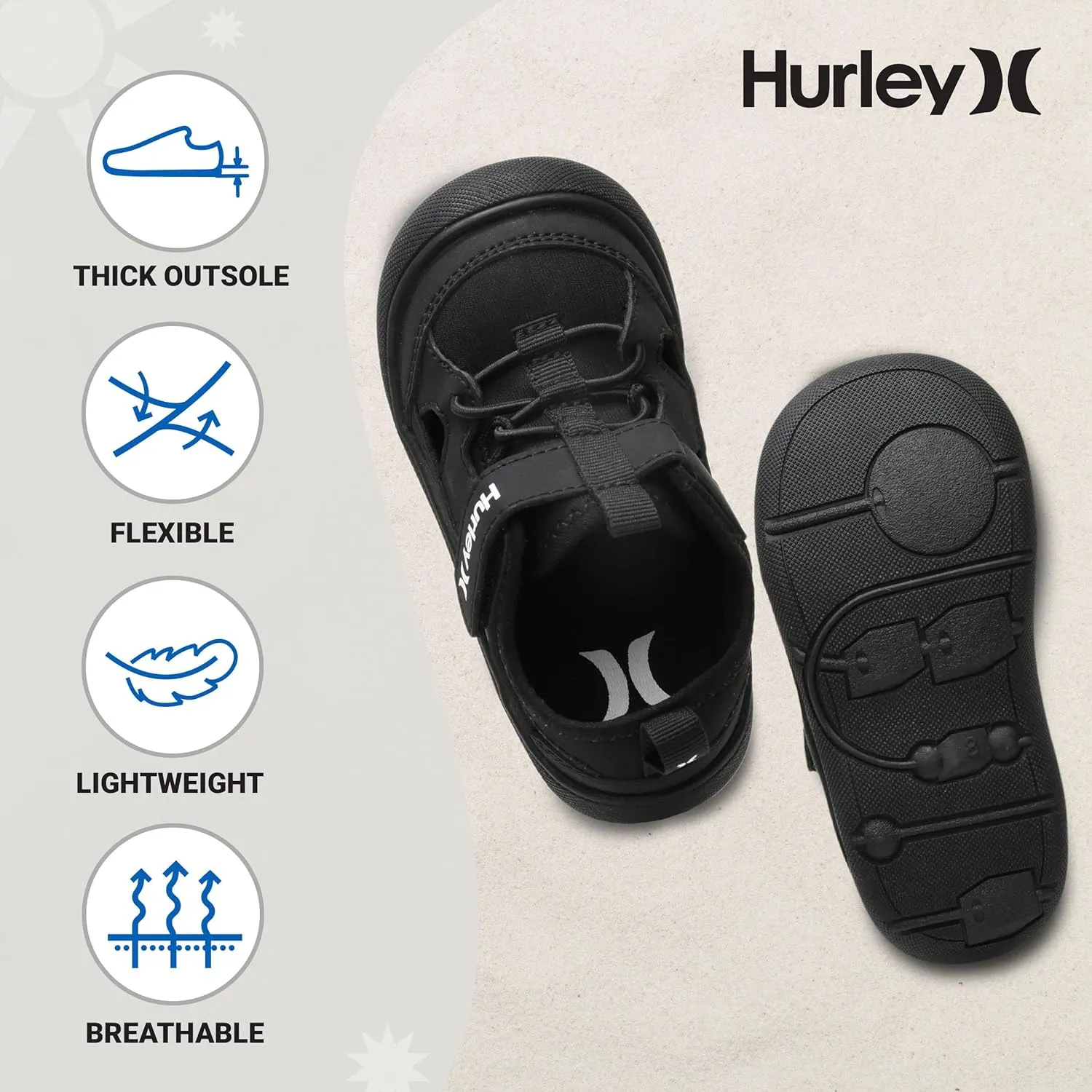 Hurley Kid's Toddlers Water Shoes, Extra Strength Outsole Water Shoes for Boys and Girls, Lightweight Closed Toe Sandals, Beach Shoes with Adjustable Upper-for Outdoors, Water Play and Pool Dylan