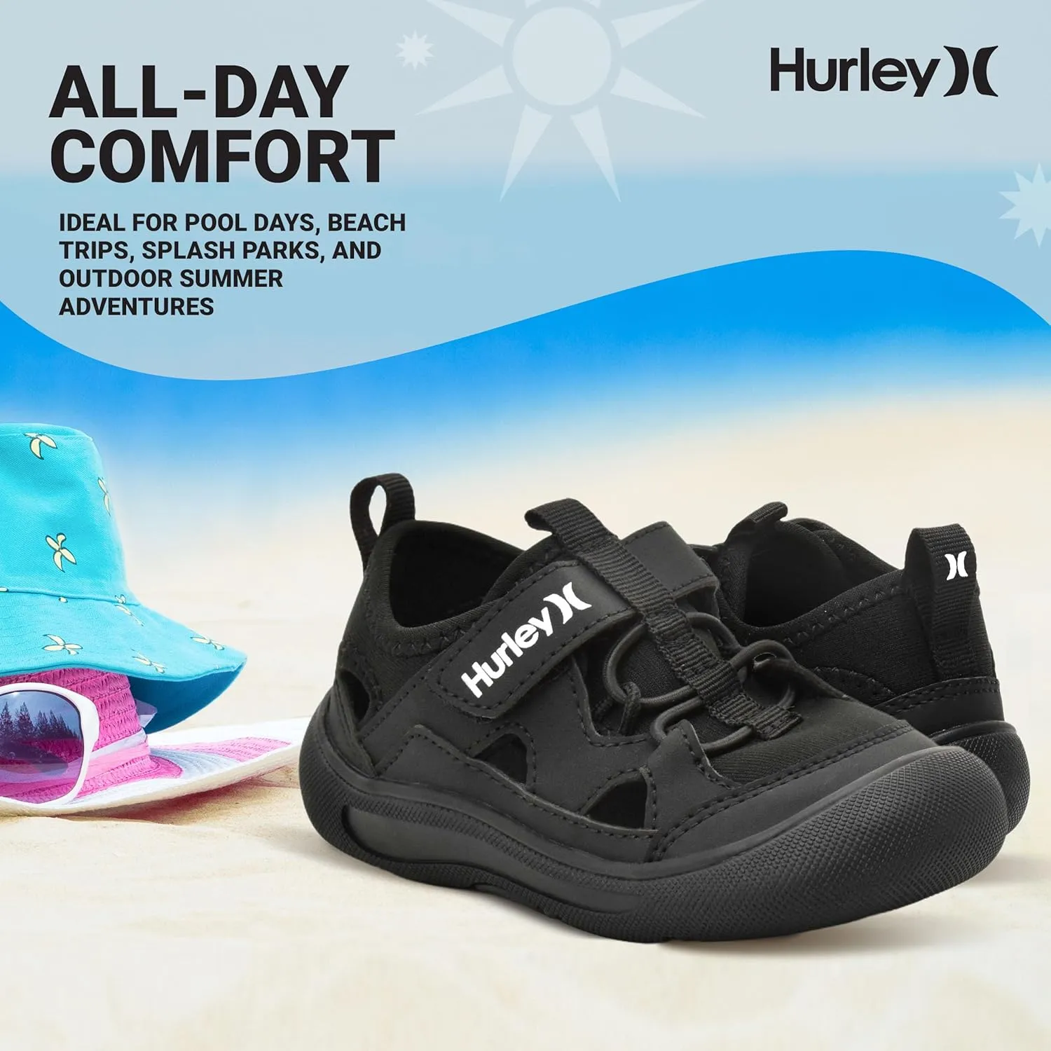 Hurley Kid's Toddlers Water Shoes, Extra Strength Outsole Water Shoes for Boys and Girls, Lightweight Closed Toe Sandals, Beach Shoes with Adjustable Upper-for Outdoors, Water Play and Pool Dylan