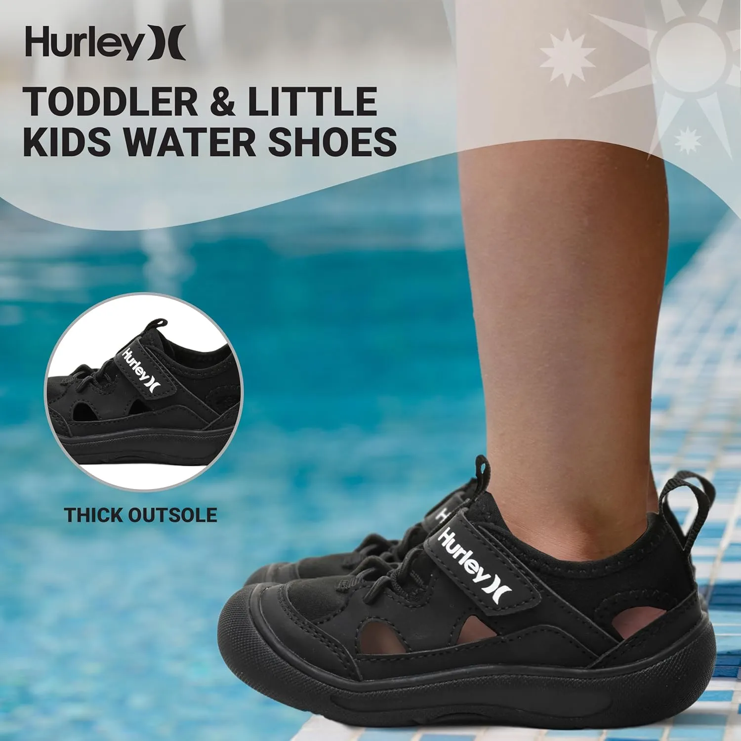 Hurley Kid's Toddlers Water Shoes, Extra Strength Outsole Water Shoes for Boys and Girls, Lightweight Closed Toe Sandals, Beach Shoes with Adjustable Upper-for Outdoors, Water Play and Pool Dylan
