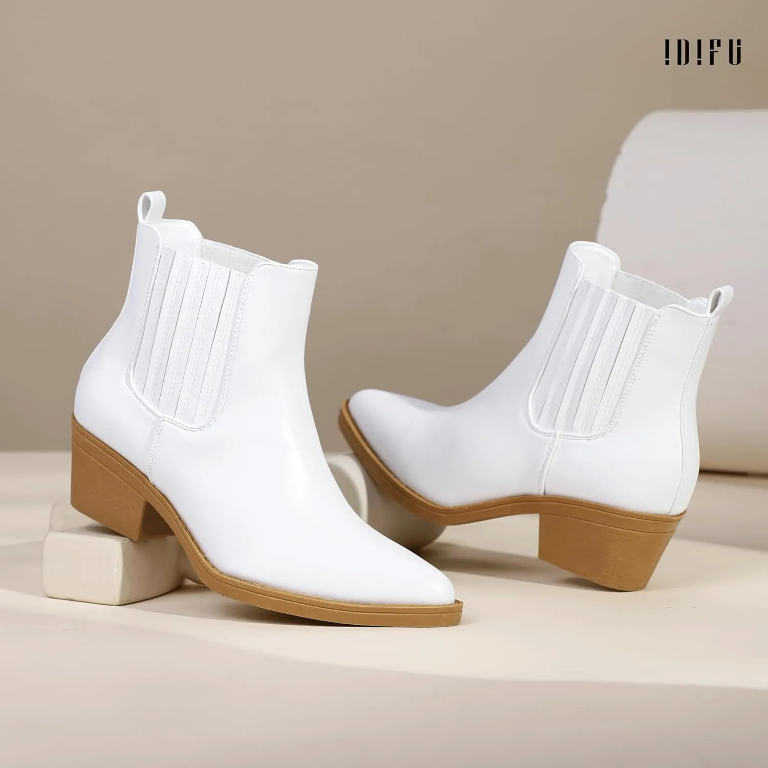 IDIFU IN2 Women's Chelsea Boots Pointed Toe Ankle Booties Low Short Chunky Block Heel Fall Boots Slip On Dress Boots for Women Ladies Comfy Casual Comfortable Cute Elastic Boots