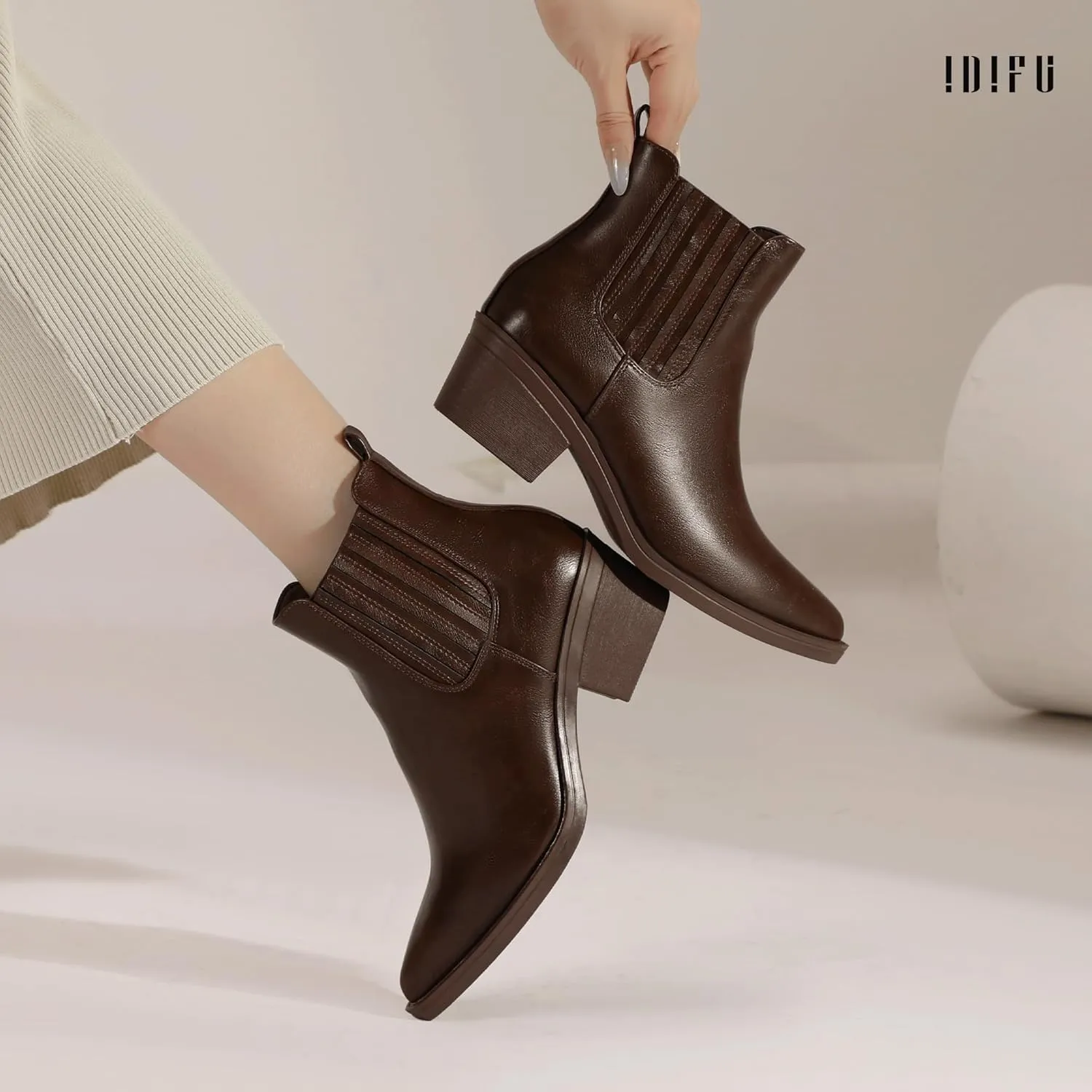 IDIFU IN2 Women's Chelsea Boots Pointed Toe Ankle Booties Low Short Chunky Block Heel Fall Boots Slip On Dress Boots for Women Ladies Comfy Casual Comfortable Cute Elastic Boots
