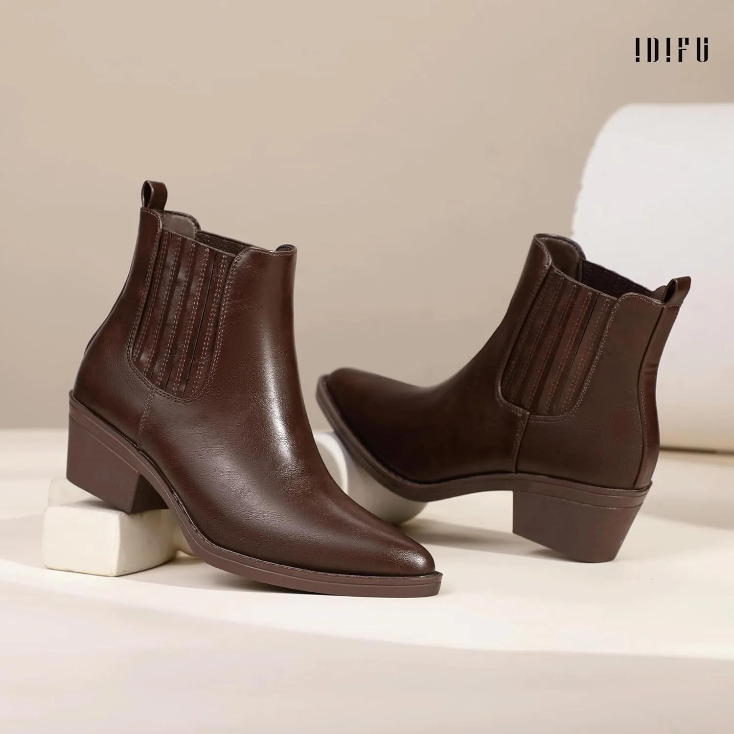 IDIFU IN2 Women's Chelsea Boots Pointed Toe Ankle Booties Low Short Chunky Block Heel Fall Boots Slip On Dress Boots for Women Ladies Comfy Casual Comfortable Cute Elastic Boots