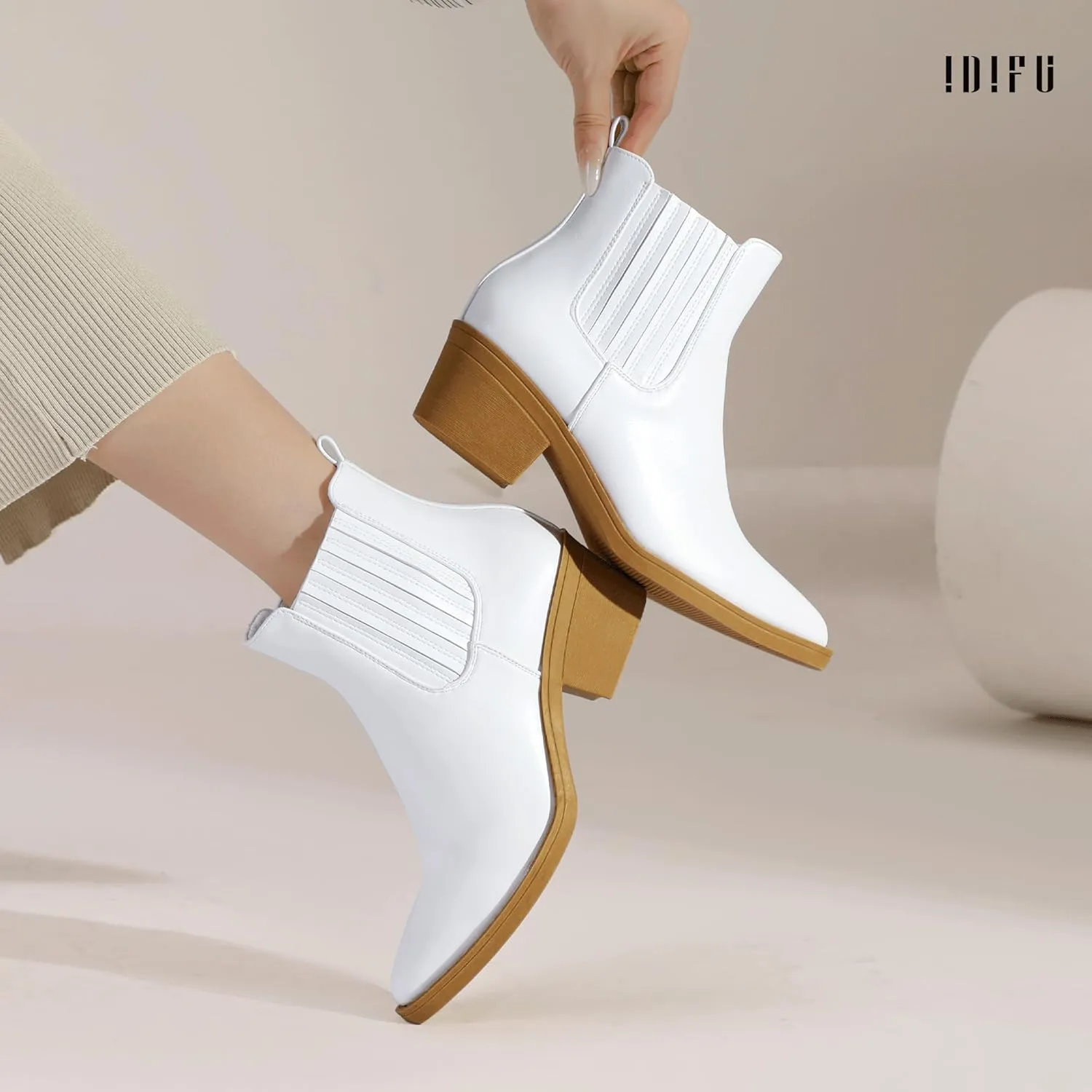 IDIFU IN2 Women's Chelsea Boots Pointed Toe Ankle Booties Low Short Chunky Block Heel Fall Boots Slip On Dress Boots for Women Ladies Comfy Casual Comfortable Cute Elastic Boots