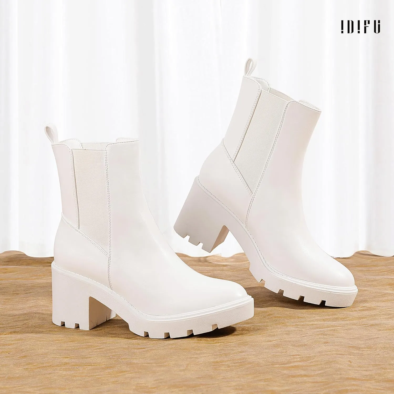 IDIFU IN3 Chelsea Boots Women Slip on Chunky High Heel Ankle Boots Waterproof Formal Casual Cute Dress Booties Comfortable Fashion Dressy Elastic Platform Fall Lug Sole Heeled Boots