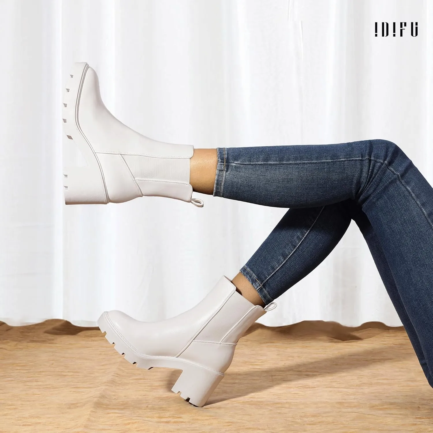 IDIFU IN3 Chelsea Boots Women Slip on Chunky High Heel Ankle Boots Waterproof Formal Casual Cute Dress Booties Comfortable Fashion Dressy Elastic Platform Fall Lug Sole Heeled Boots