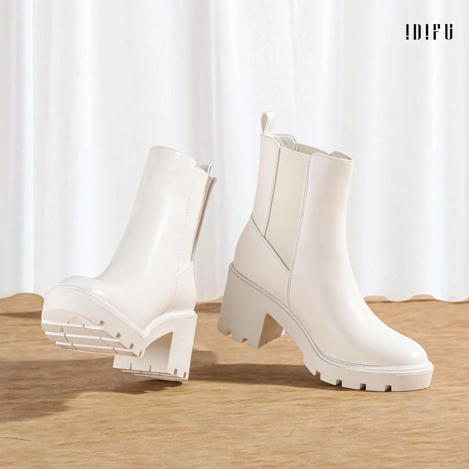 IDIFU IN3 Chelsea Boots Women Slip on Chunky High Heel Ankle Boots Waterproof Formal Casual Cute Dress Booties Comfortable Fashion Dressy Elastic Platform Fall Lug Sole Heeled Boots