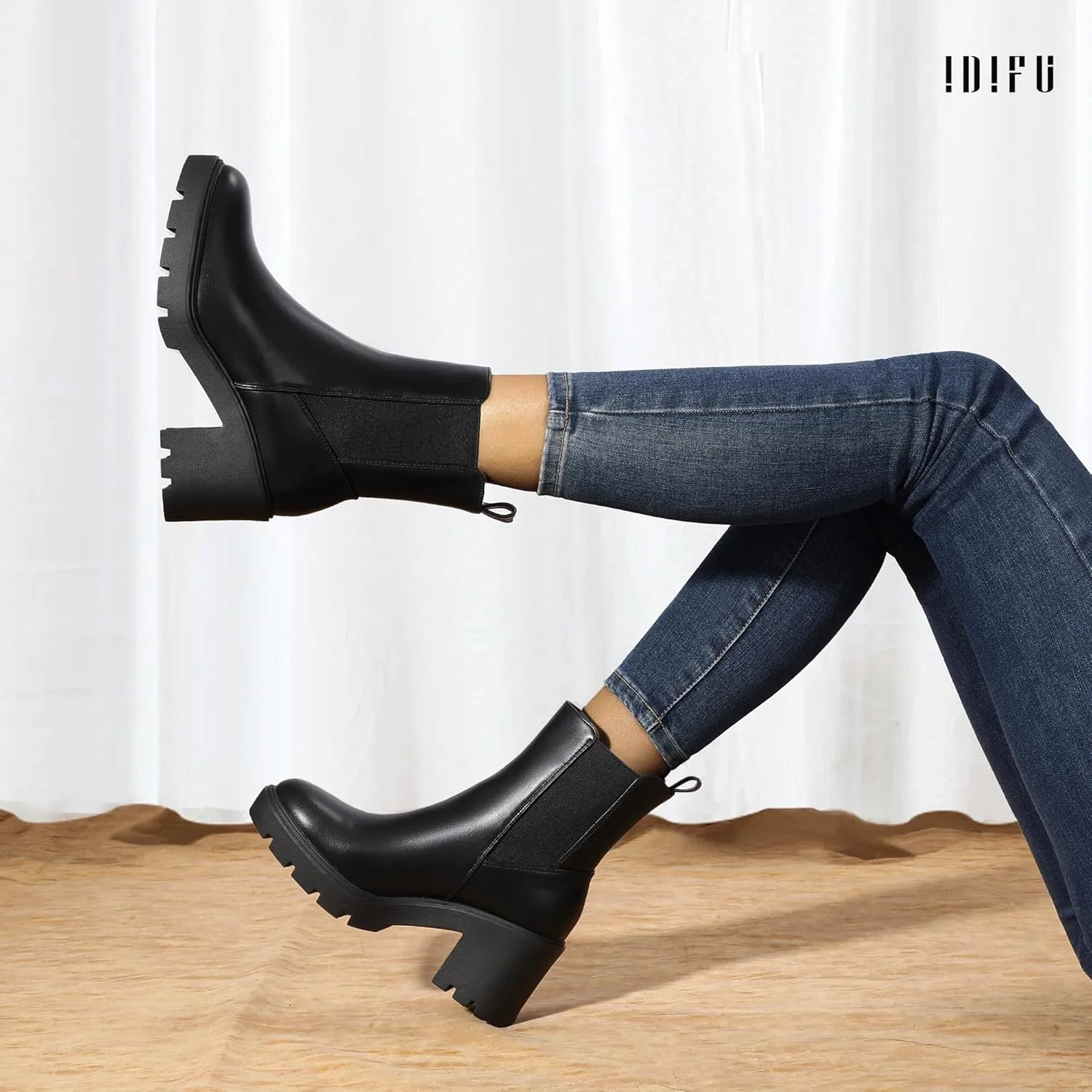 IDIFU IN3 Chelsea Boots Women Slip on Chunky High Heel Ankle Boots Waterproof Formal Casual Cute Dress Booties Comfortable Fashion Dressy Elastic Platform Fall Lug Sole Heeled Boots