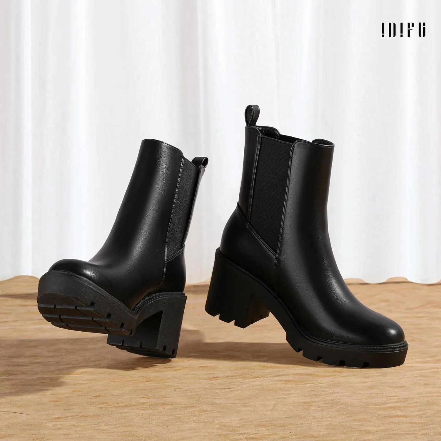 IDIFU IN3 Chelsea Boots Women Slip on Chunky High Heel Ankle Boots Waterproof Formal Casual Cute Dress Booties Comfortable Fashion Dressy Elastic Platform Fall Lug Sole Heeled Boots