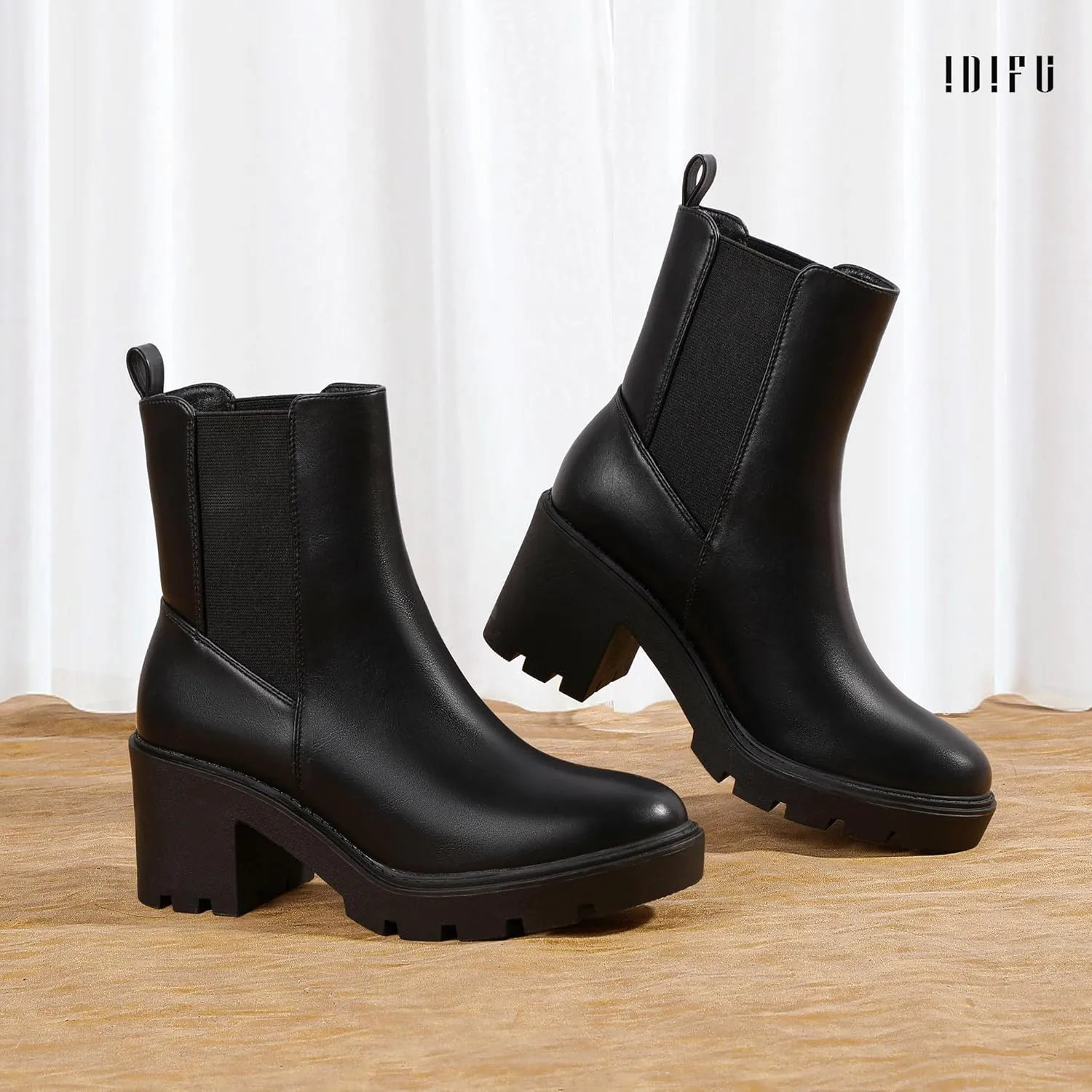 IDIFU IN3 Chelsea Boots Women Slip on Chunky High Heel Ankle Boots Waterproof Formal Casual Cute Dress Booties Comfortable Fashion Dressy Elastic Platform Fall Lug Sole Heeled Boots