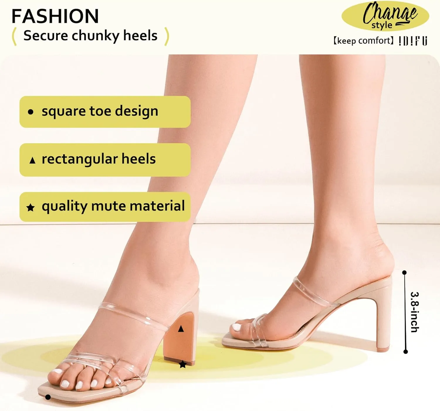 IDIFU IN3 High Heels Strappy Chunky Block Heels Square Toe Three Strap Slip On Heels Comfortable Slides Heeled Sandals Sexy Wedding Party Dress Shoes Open Toe Mules Heels for Women