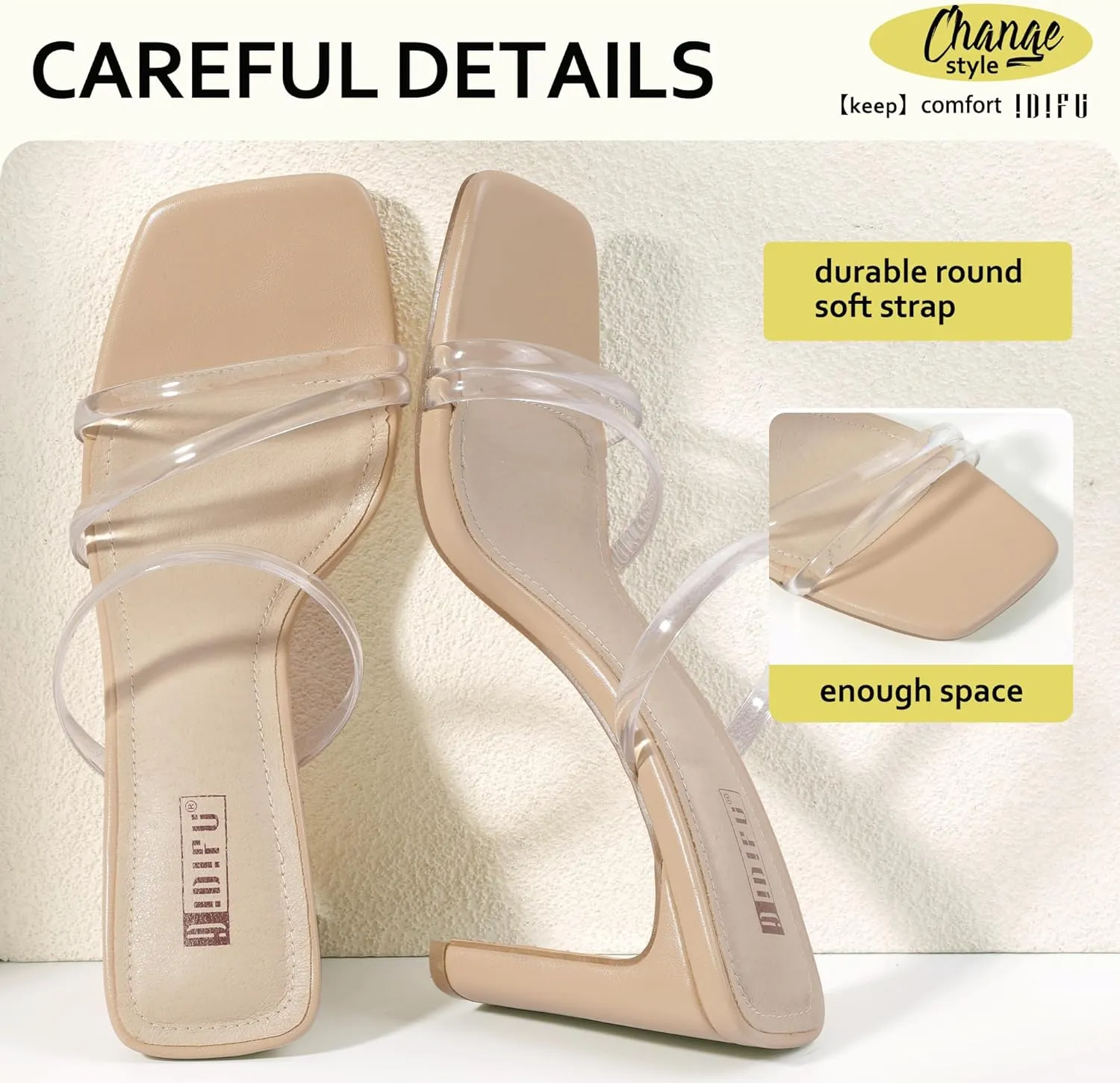 IDIFU IN3 High Heels Strappy Chunky Block Heels Square Toe Three Strap Slip On Heels Comfortable Slides Heeled Sandals Sexy Wedding Party Dress Shoes Open Toe Mules Heels for Women
