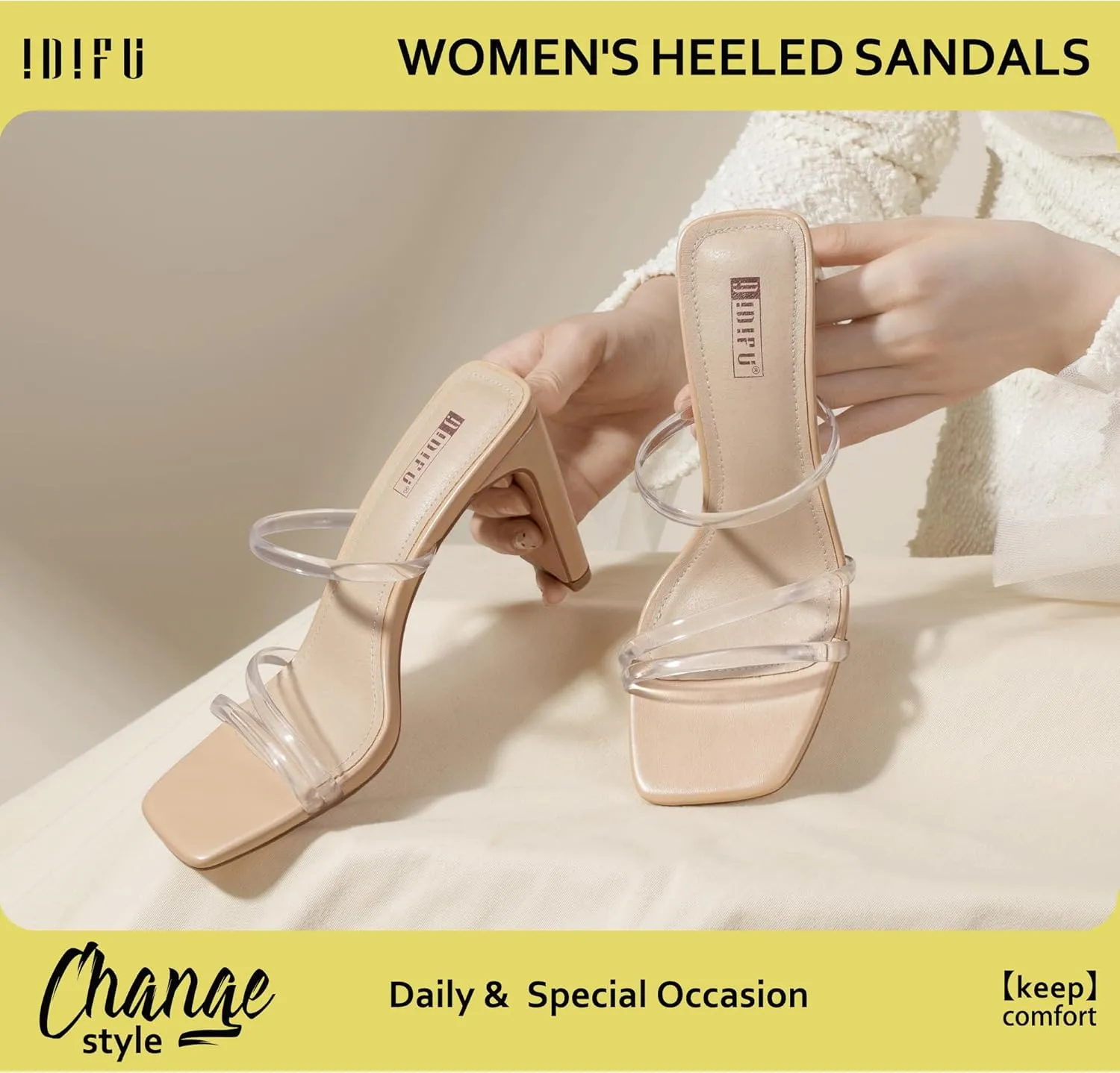 IDIFU IN3 High Heels Strappy Chunky Block Heels Square Toe Three Strap Slip On Heels Comfortable Slides Heeled Sandals Sexy Wedding Party Dress Shoes Open Toe Mules Heels for Women