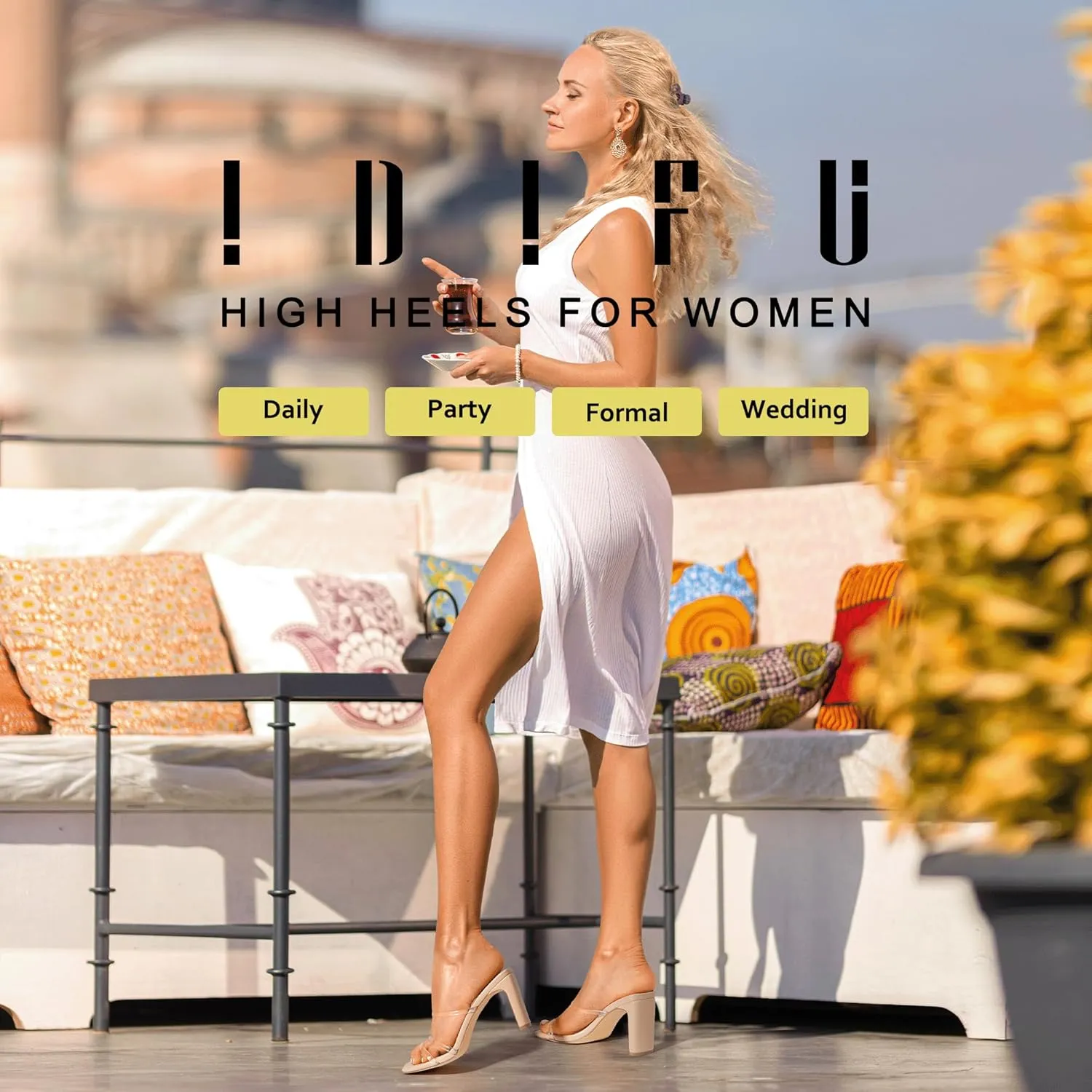 IDIFU IN3 High Heels Strappy Chunky Block Heels Square Toe Three Strap Slip On Heels Comfortable Slides Heeled Sandals Sexy Wedding Party Dress Shoes Open Toe Mules Heels for Women