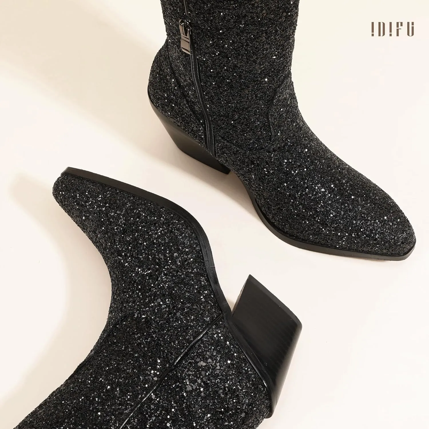 IDIFU IN3 Sparkly Cowboy Cowgirl Boots for Women Knee High Tall Long Glitter Dress Low Chunky Block Heel Sequin Sparkle Wedding Party Date Bride Ladies Bling Shiny Boots