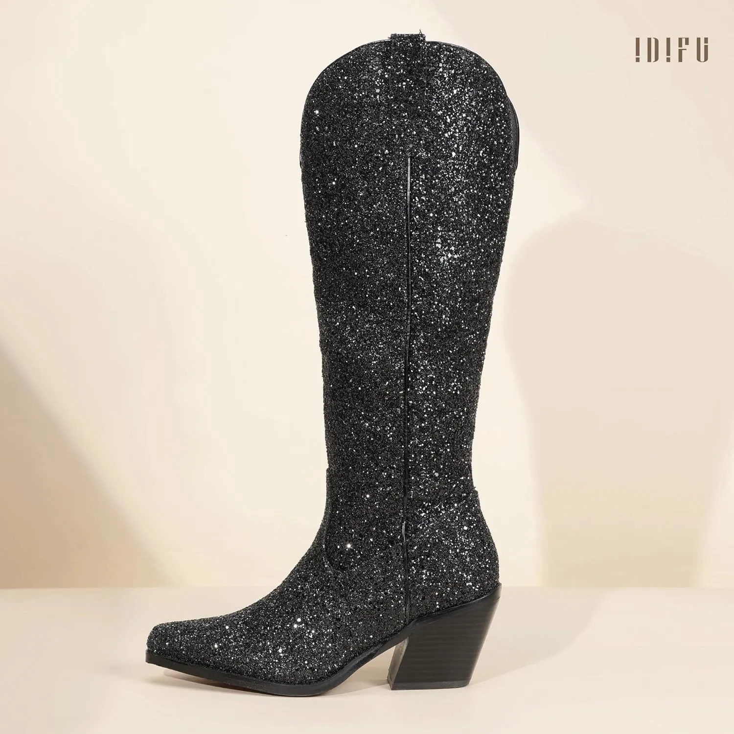 IDIFU IN3 Sparkly Cowboy Cowgirl Boots for Women Knee High Tall Long Glitter Dress Low Chunky Block Heel Sequin Sparkle Wedding Party Date Bride Ladies Bling Shiny Boots