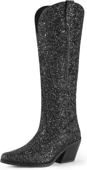 IDIFU IN3 Sparkly Cowboy Cowgirl Boots for Women Knee High Tall Long Glitter Dress Low Chunky Block Heel Sequin Sparkle Wedding Party Date Bride Ladies Bling Shiny Boots