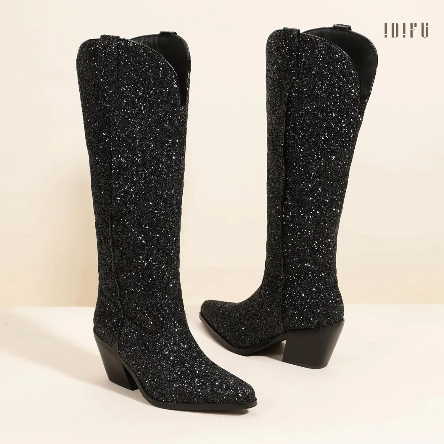 IDIFU IN3 Sparkly Cowboy Cowgirl Boots for Women Knee High Tall Long Glitter Dress Low Chunky Block Heel Sequin Sparkle Wedding Party Date Bride Ladies Bling Shiny Boots