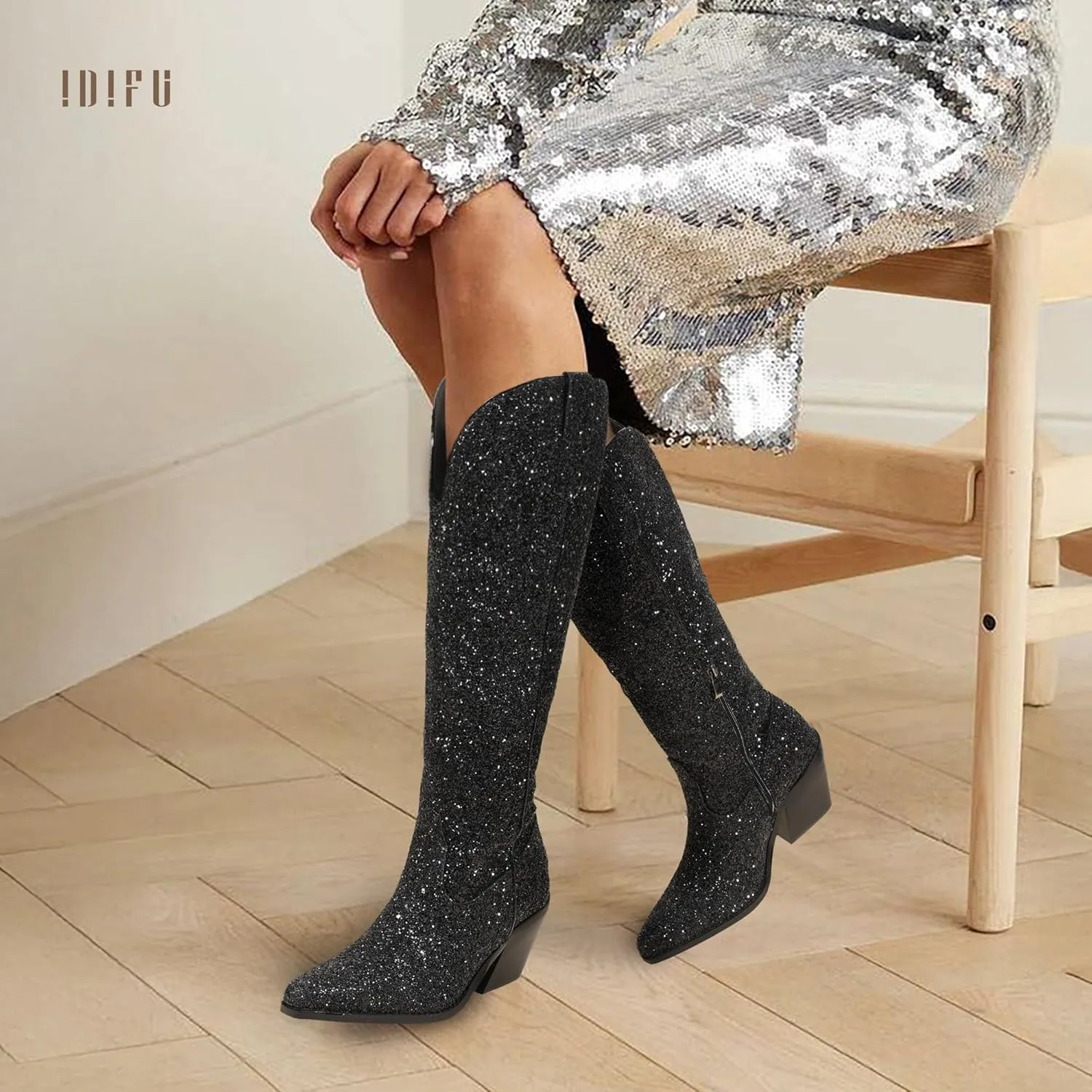 IDIFU IN3 Sparkly Cowboy Cowgirl Boots for Women Knee High Tall Long Glitter Dress Low Chunky Block Heel Sequin Sparkle Wedding Party Date Bride Ladies Bling Shiny Boots