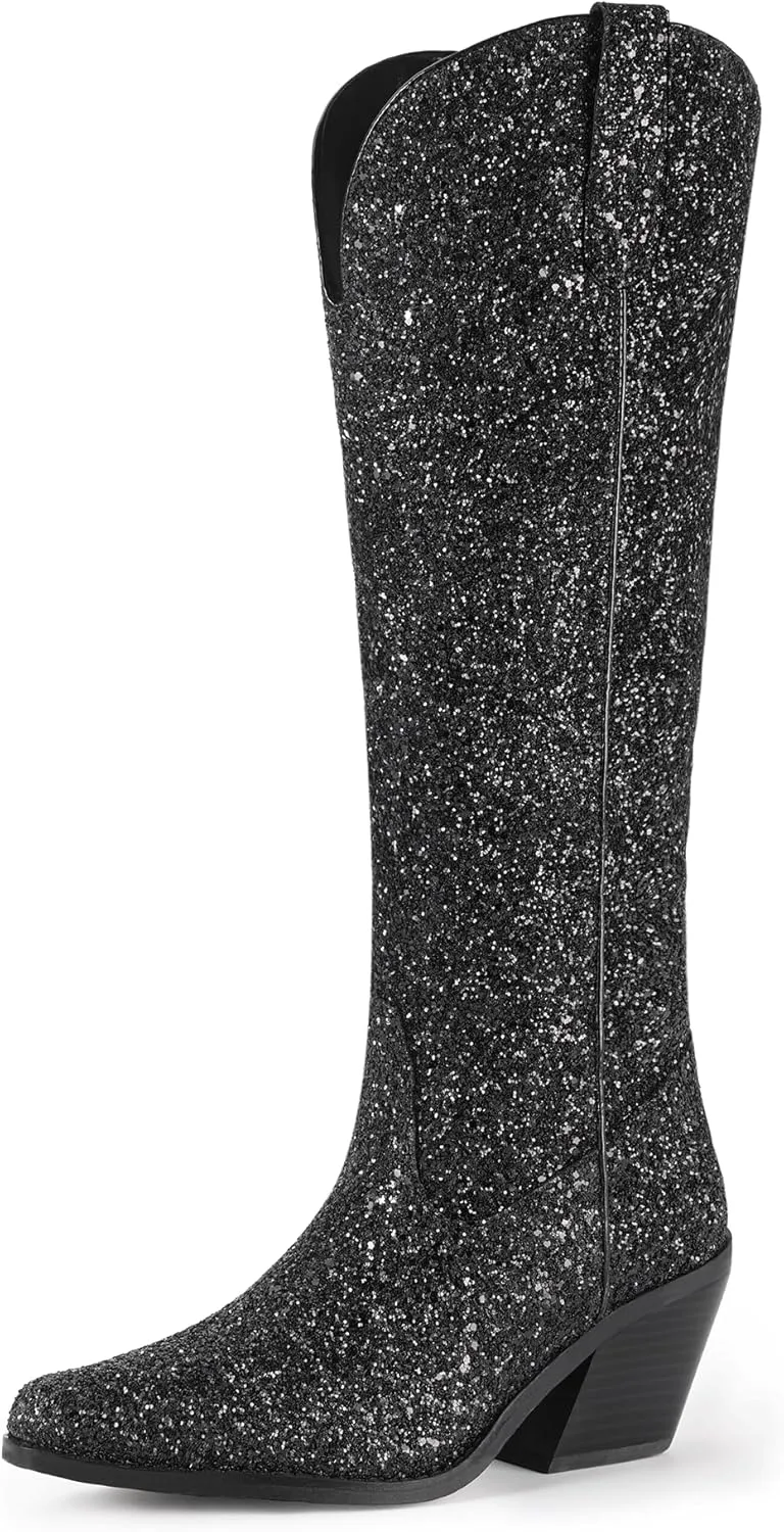 IDIFU IN3 Sparkly Cowboy Cowgirl Boots for Women Knee High Tall Long Glitter Dress Low Chunky Block Heel Sequin Sparkle Wedding Party Date Bride Ladies Bling Shiny Boots