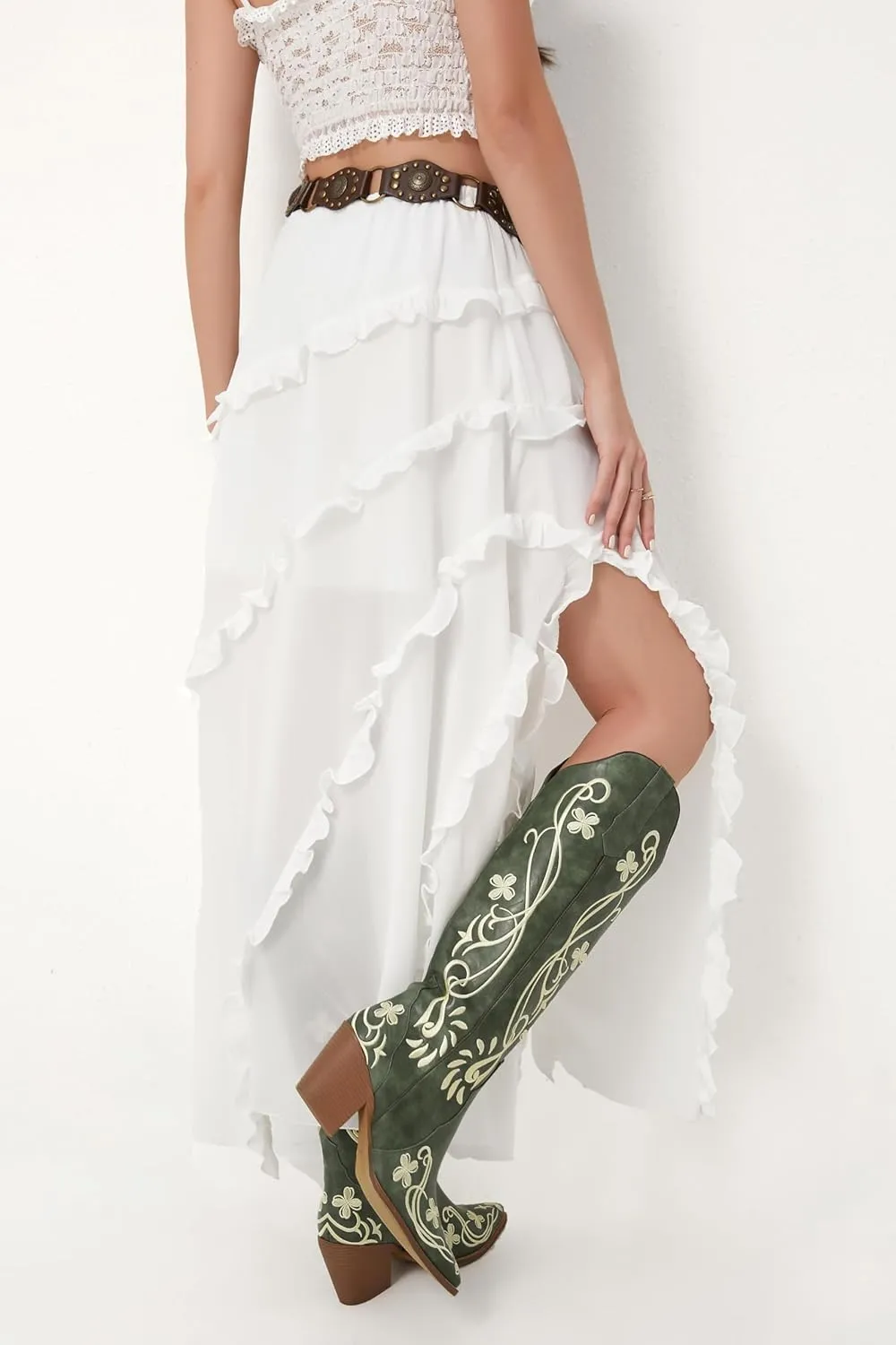 iiimmu Cowgirl Boots Women Knee High Vintage Cowboy Boots with Floral Embroidered Classic Pull On Design Western Footwear
