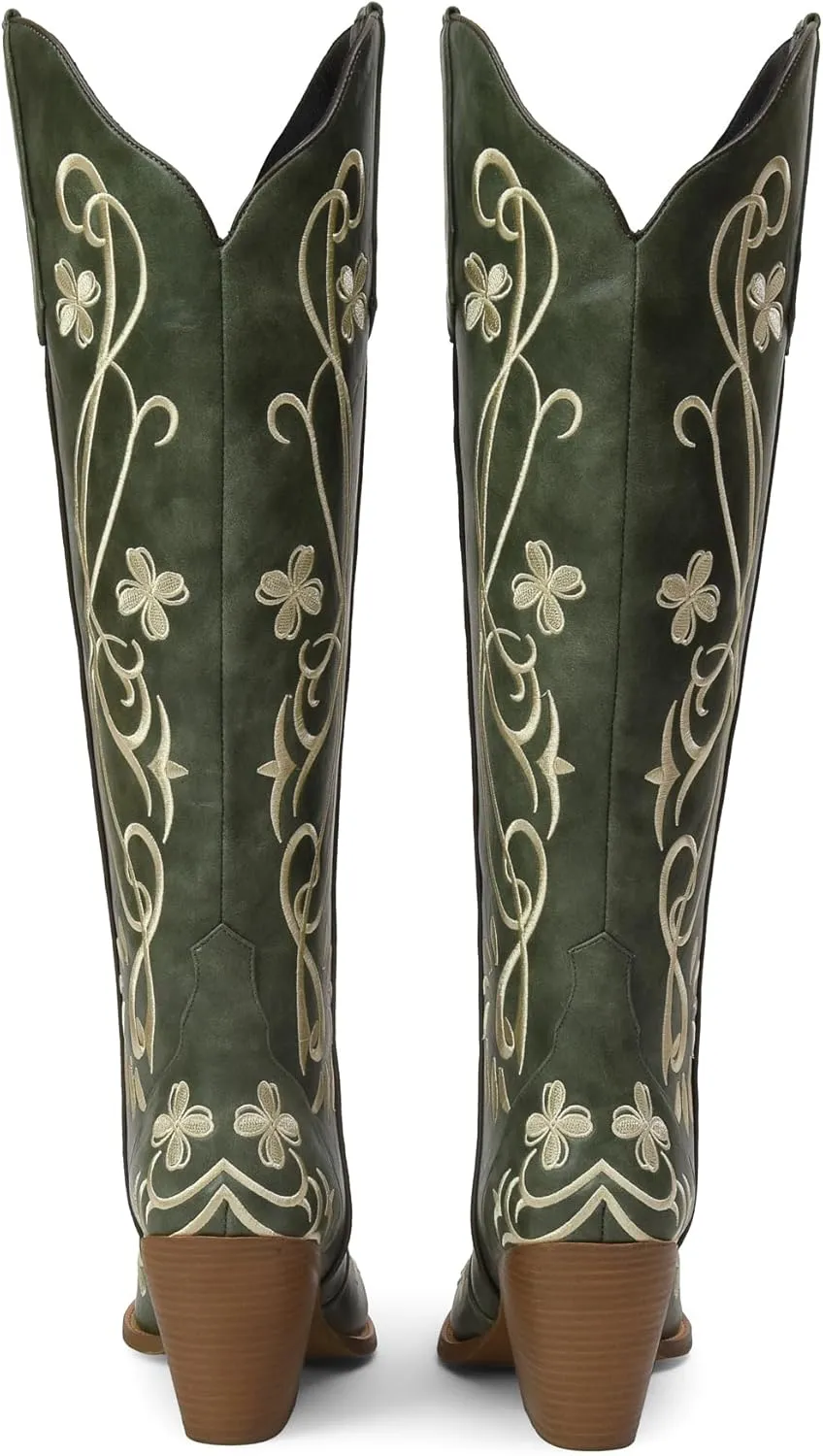 iiimmu Cowgirl Boots Women Knee High Vintage Cowboy Boots with Floral Embroidered Classic Pull On Design Western Footwear
