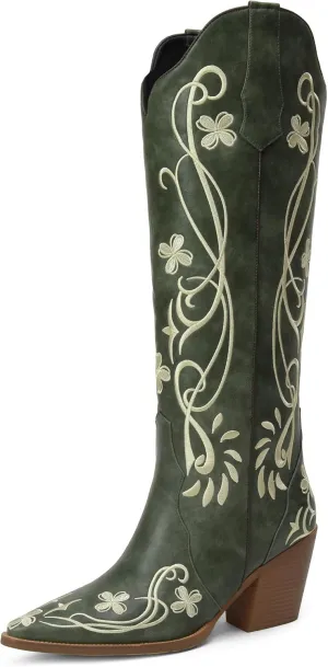 iiimmu Cowgirl Boots Women Knee High Vintage Cowboy Boots with Floral Embroidered Classic Pull On Design Western Footwear