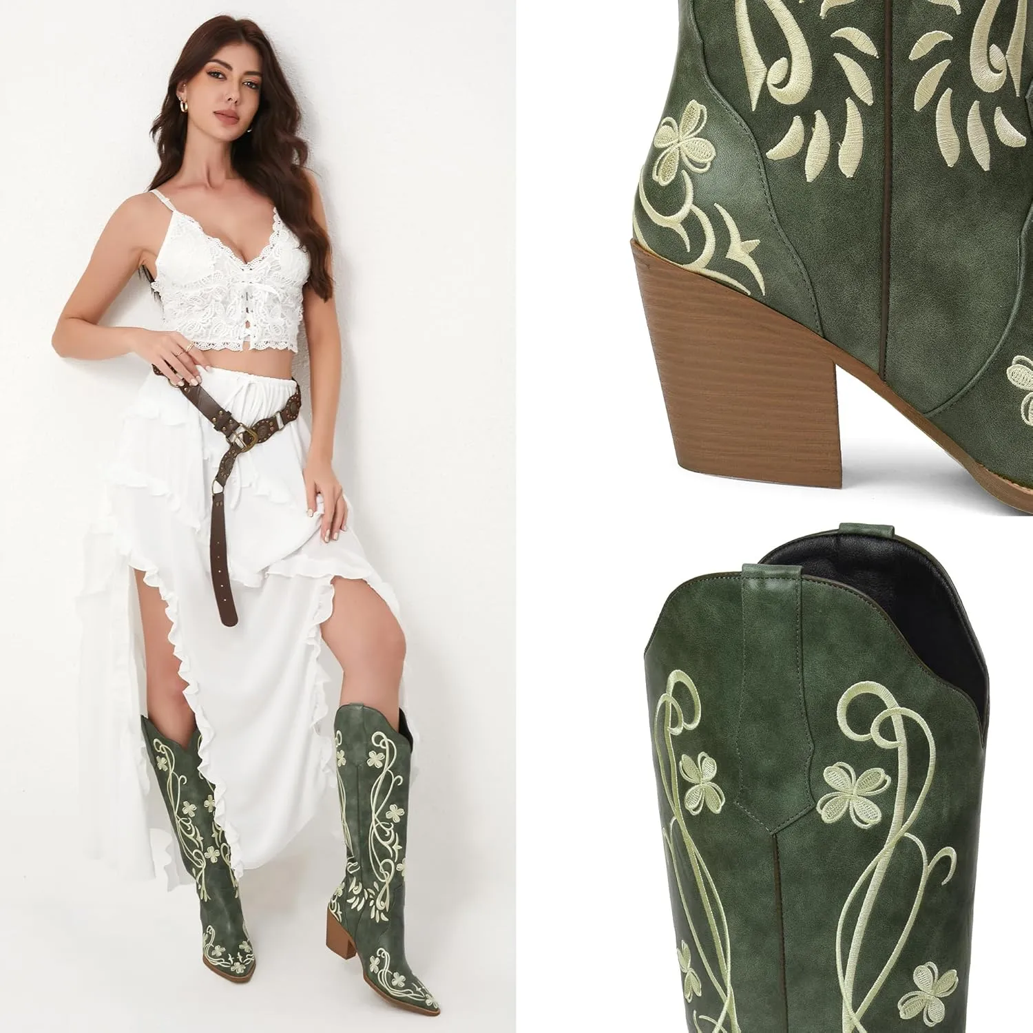 iiimmu Cowgirl Boots Women Knee High Vintage Cowboy Boots with Floral Embroidered Classic Pull On Design Western Footwear