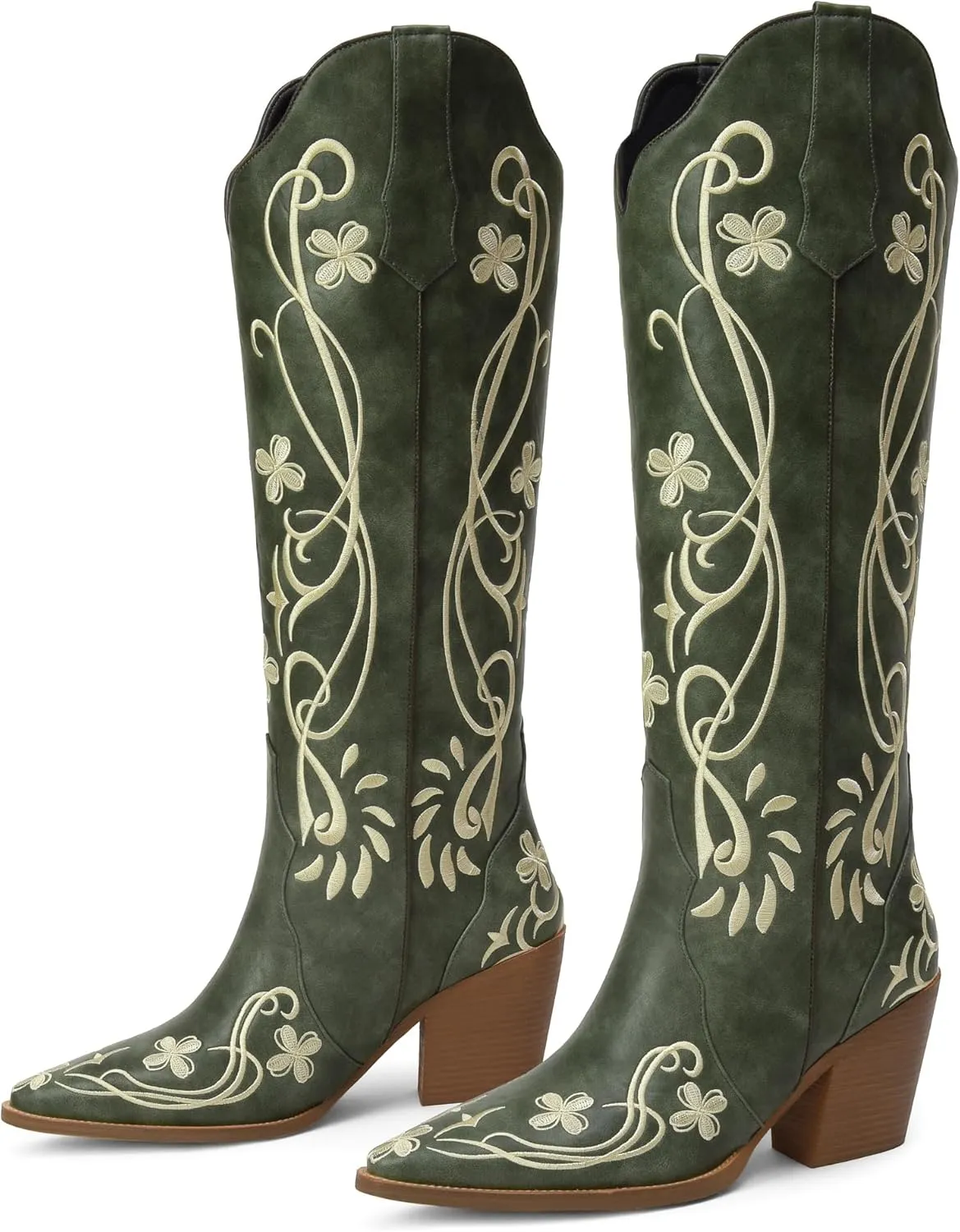 iiimmu Cowgirl Boots Women Knee High Vintage Cowboy Boots with Floral Embroidered Classic Pull On Design Western Footwear