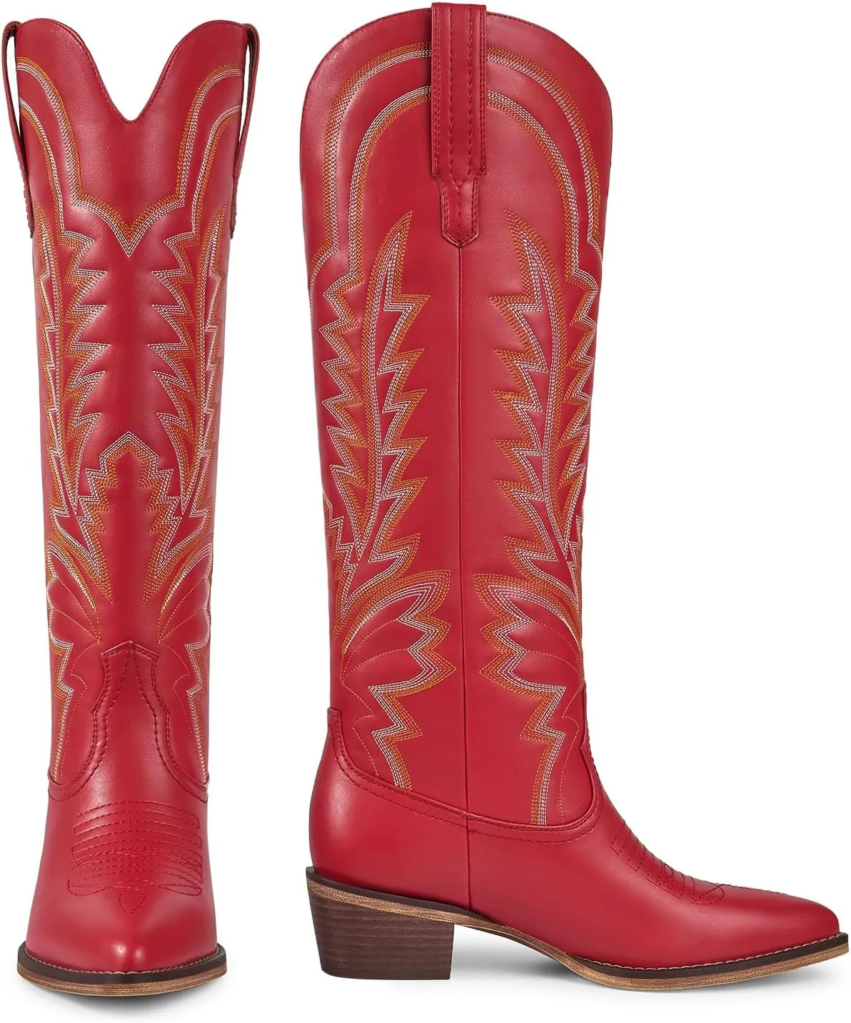 ISNOM Cowboy Boots for Women Knee High Cowgirl Boots with Classic Embroidered Pointed Toe Chunky Heel Pull On Fashion Retro Western Tall Boots