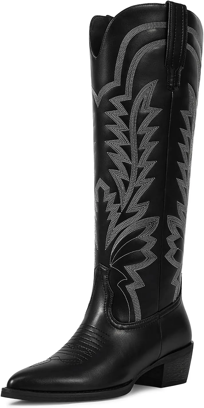 ISNOM Cowboy Boots for Women Knee High Cowgirl Boots with Classic Embroidered Pointed Toe Chunky Heel Pull On Fashion Retro Western Tall Boots