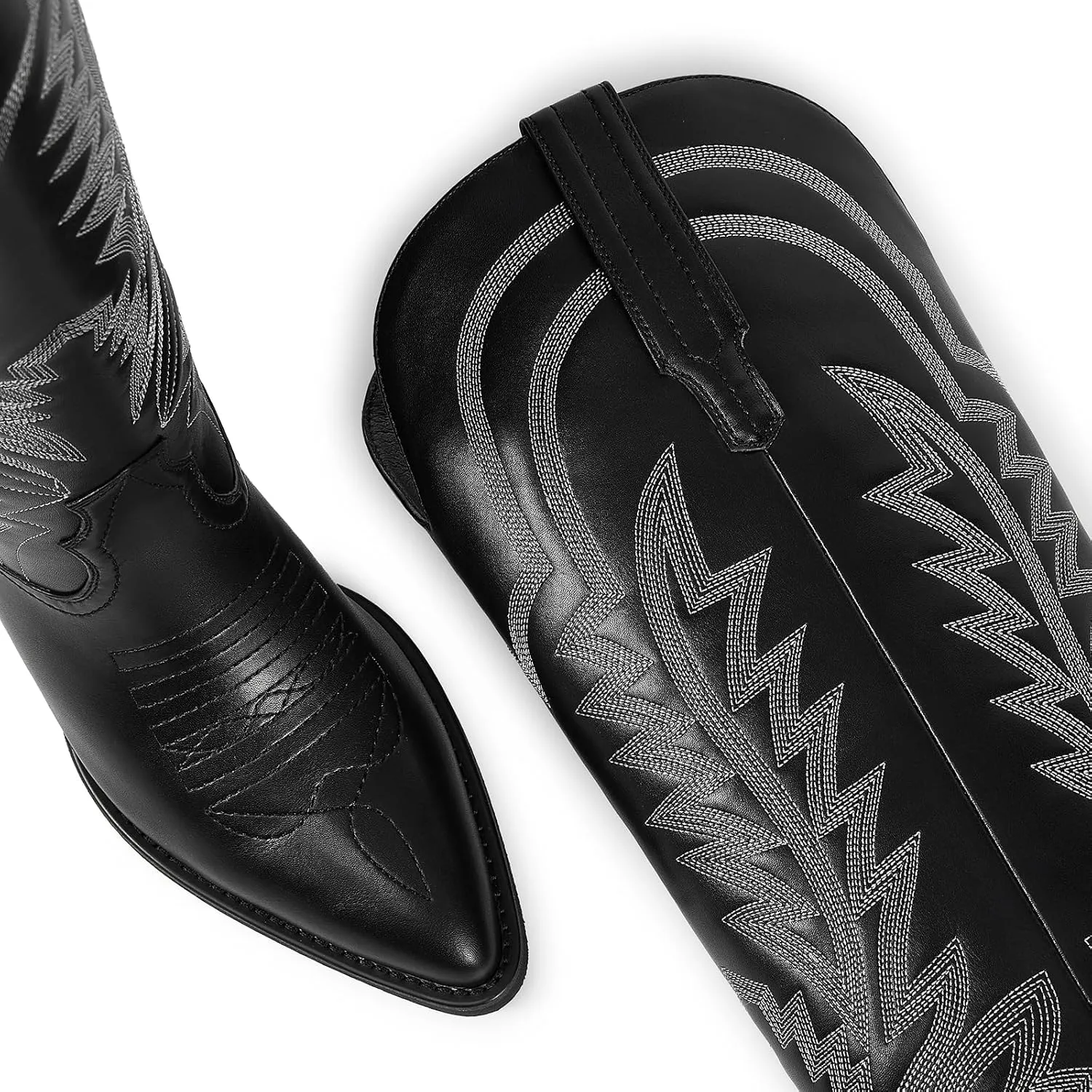 ISNOM Cowboy Boots for Women Knee High Cowgirl Boots with Classic Embroidered Pointed Toe Chunky Heel Pull On Fashion Retro Western Tall Boots