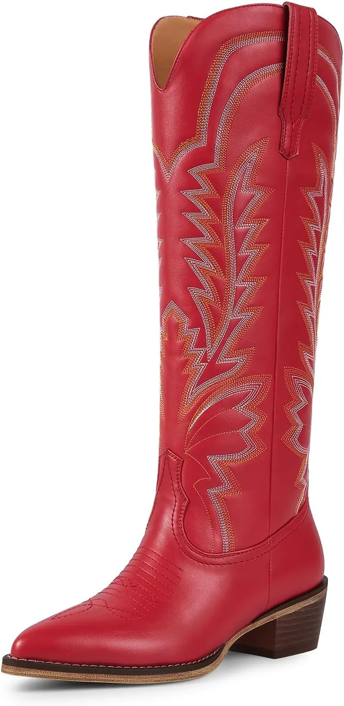 ISNOM Cowboy Boots for Women Knee High Cowgirl Boots with Classic Embroidered Pointed Toe Chunky Heel Pull On Fashion Retro Western Tall Boots