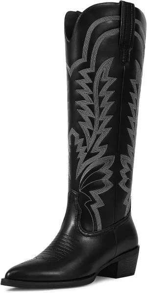 ISNOM Cowboy Boots for Women Knee High Cowgirl Boots with Classic Embroidered Pointed Toe Chunky Heel Pull On Fashion Retro Western Tall Boots