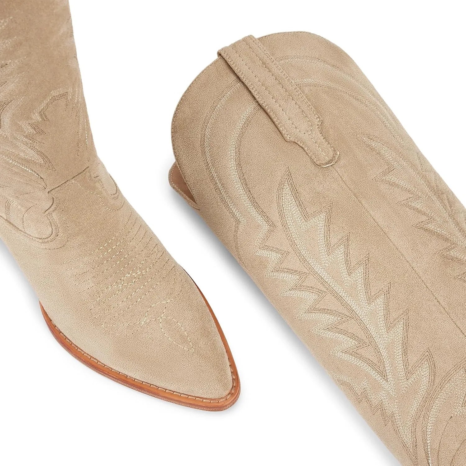 ISNOM Cowboy Boots for Women Knee High Cowgirl Boots with Classic Embroidered Pointed Toe Chunky Heel Pull On Fashion Retro Western Tall Boots