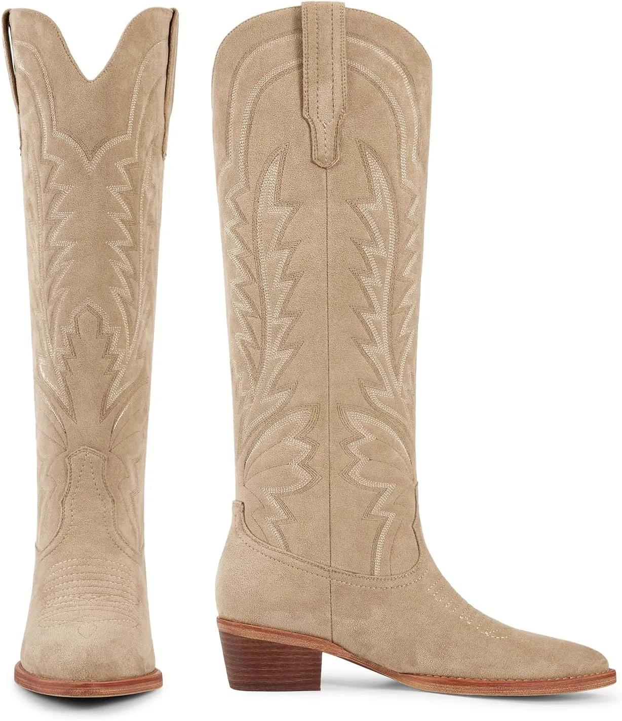 ISNOM Cowboy Boots for Women Knee High Cowgirl Boots with Classic Embroidered Pointed Toe Chunky Heel Pull On Fashion Retro Western Tall Boots