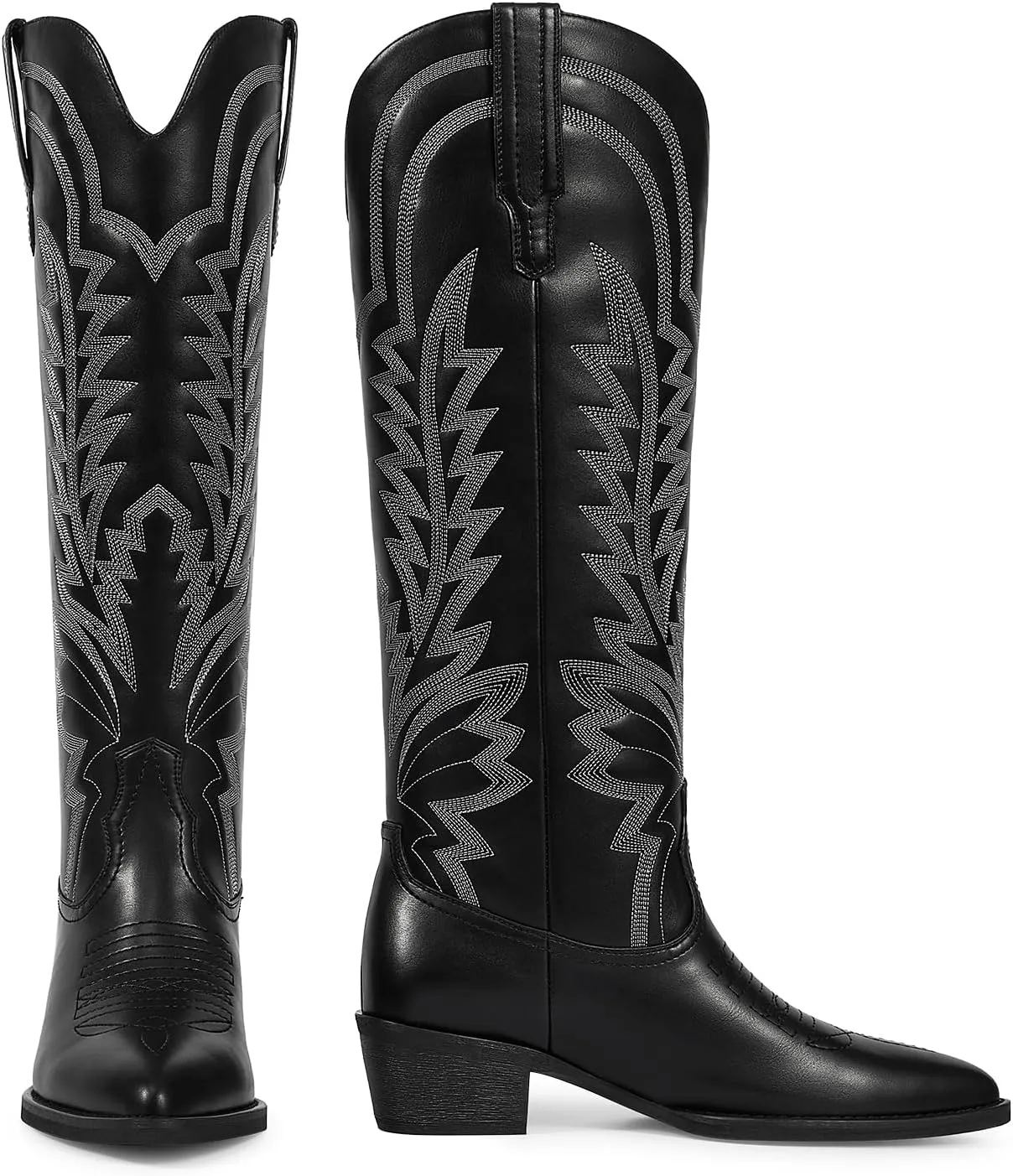 ISNOM Cowboy Boots for Women Knee High Cowgirl Boots with Classic Embroidered Pointed Toe Chunky Heel Pull On Fashion Retro Western Tall Boots