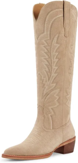 ISNOM Cowboy Boots for Women Knee High Cowgirl Boots with Classic Embroidered Pointed Toe Chunky Heel Pull On Fashion Retro Western Tall Boots