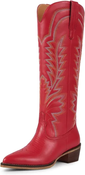ISNOM Cowboy Boots for Women Knee High Cowgirl Boots with Classic Embroidered Pointed Toe Chunky Heel Pull On Fashion Retro Western Tall Boots