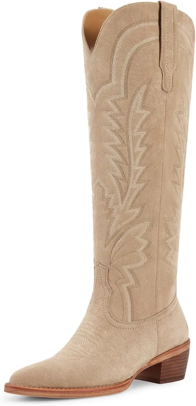 ISNOM Cowboy Boots for Women Knee High Cowgirl Boots with Classic Embroidered Pointed Toe Chunky Heel Pull On Fashion Retro Western Tall Boots