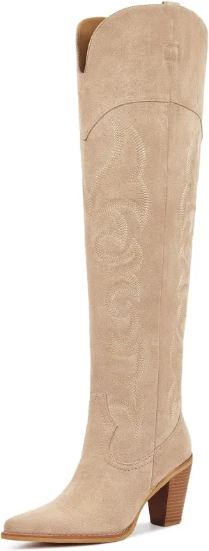 ISNOM Thigh High Cowboy Cowgirl Boots for Women, Over the Knee Western Boots with Vintage Embroidery, Side Zipper, Chunky Heel Design