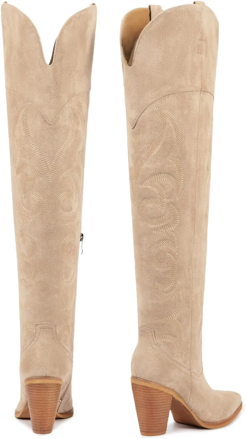 ISNOM Thigh High Cowboy Cowgirl Boots for Women, Over the Knee Western Boots with Vintage Embroidery, Side Zipper, Chunky Heel Design